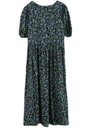 Black Loose Square Collar Print Pockets Summer Robe Dresses Puff Sleeve - SooLinen
