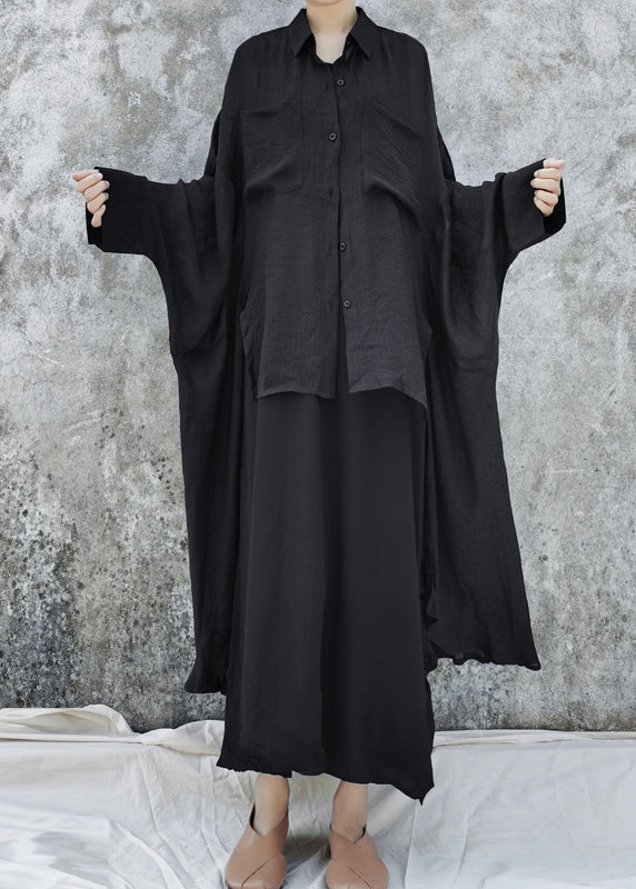 Black Loose UPF 50+ Shirt Tops Low High Design Batwing Sleeve