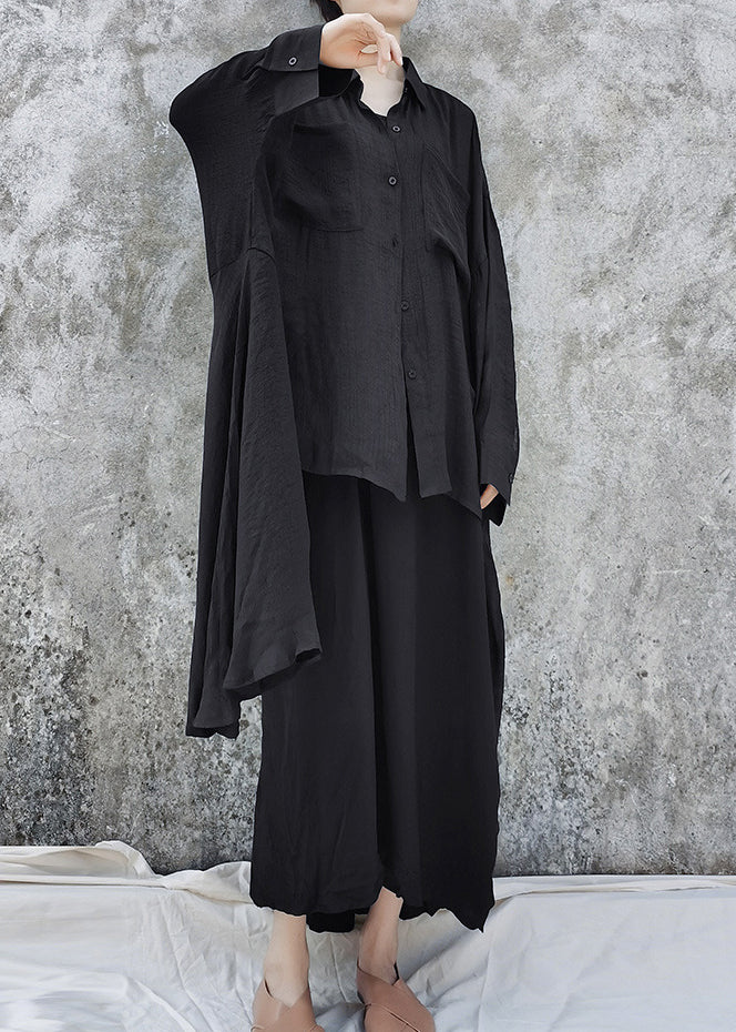 Black Loose UPF 50+ Shirt Tops Low High Design Batwing Sleeve