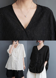 Black Low High Design Button Solid Lace Top Short Sleeve