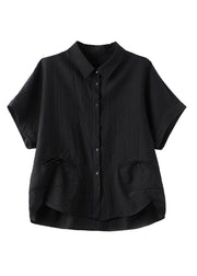 Black Low High Design Button Solid Silk Shirt Summer