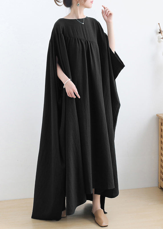 Schwarzes langes Kleid aus Baumwolle mit niedrigem, hohem Design und kurzen Ärmeln