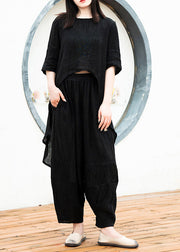 Black Low High Design Linen Tops And Crop Pants Two Pieces Set Summer