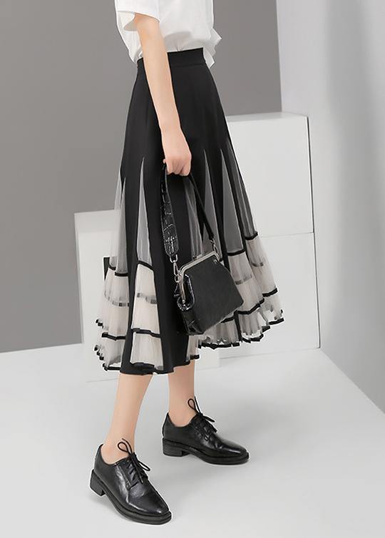 Black Mesh Patchwork A-Line Ladies Stylish Elegant Skirt - SooLinen