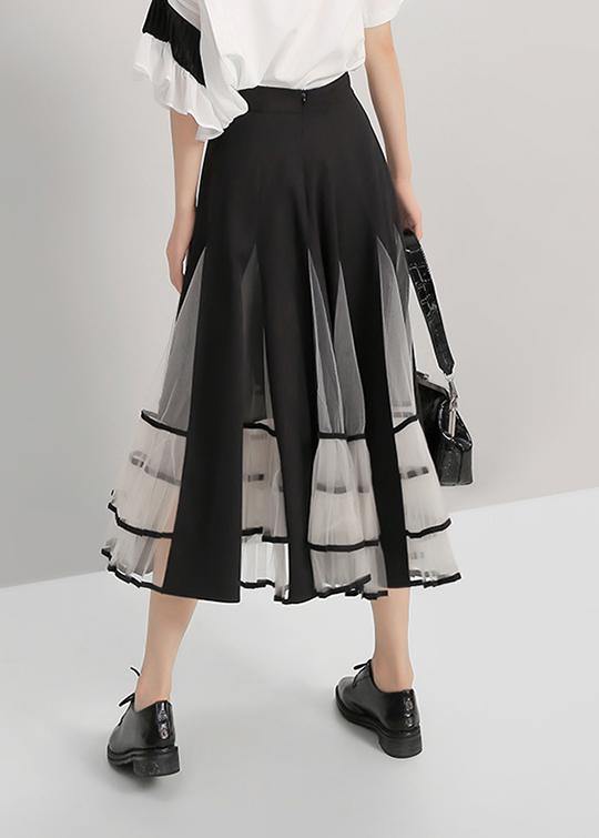 Black Mesh Patchwork A-Line Ladies Stylish Elegant Skirt - SooLinen