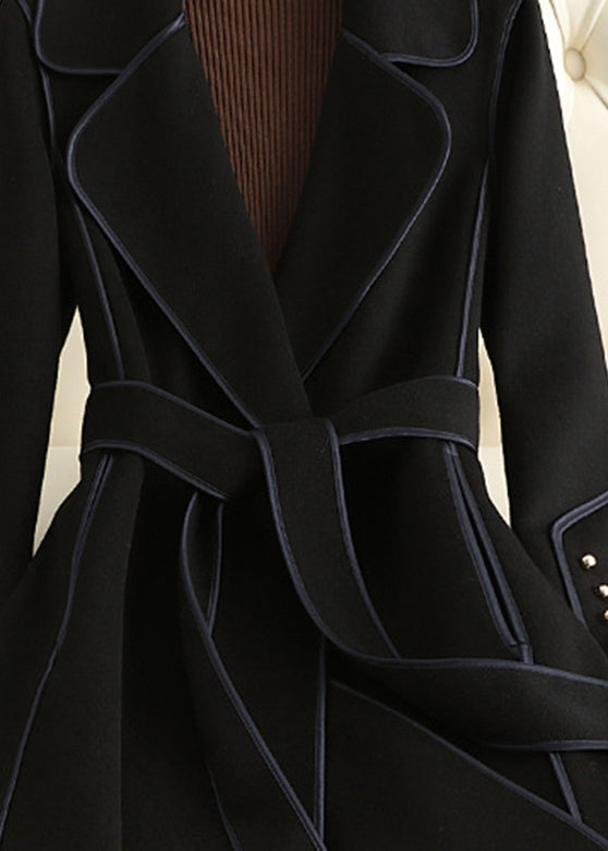 Black Notched Button Woolen Long Coats Fall
