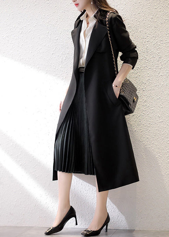 Black Notched Tie Waist Trench Coats Long Sleeve
