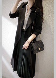 Black Notched Tie Waist Trench Coats Long Sleeve