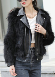Black Notched Zippered Leather And Fur Coats Winter