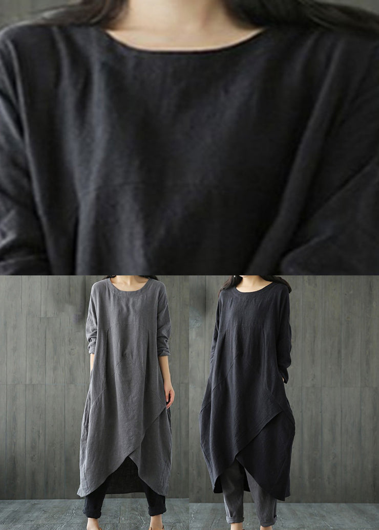 Black O-Neck Asymmetrical Linen Long Dress Long Sleeve
