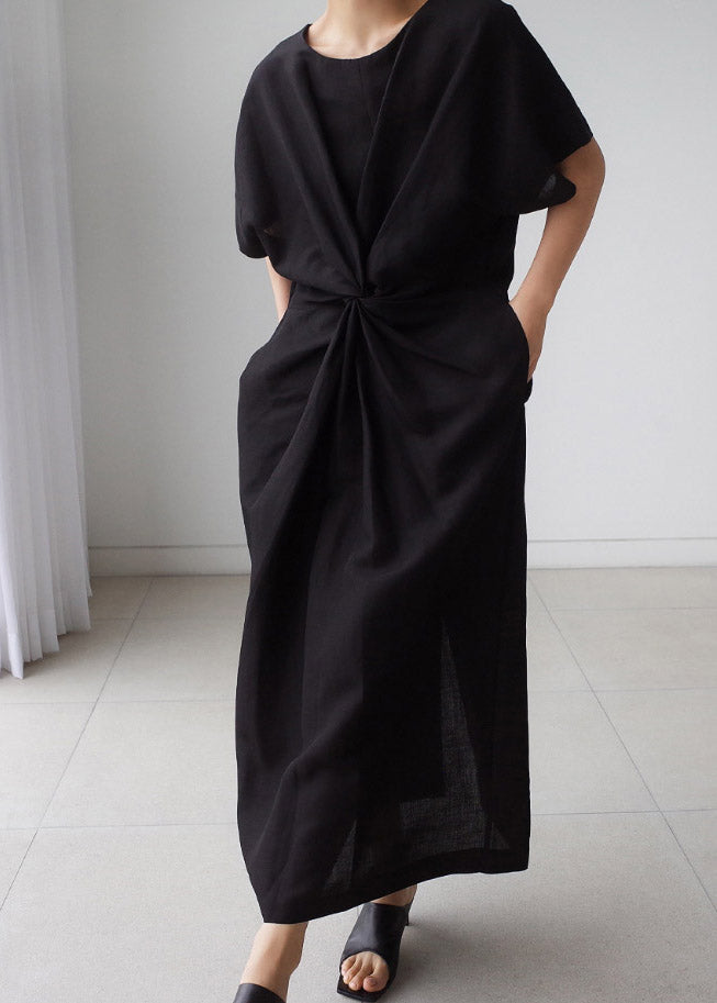 Schwarzes langes Kleid mit O-Ausschnitt und Bowknot und kurzen Ärmeln