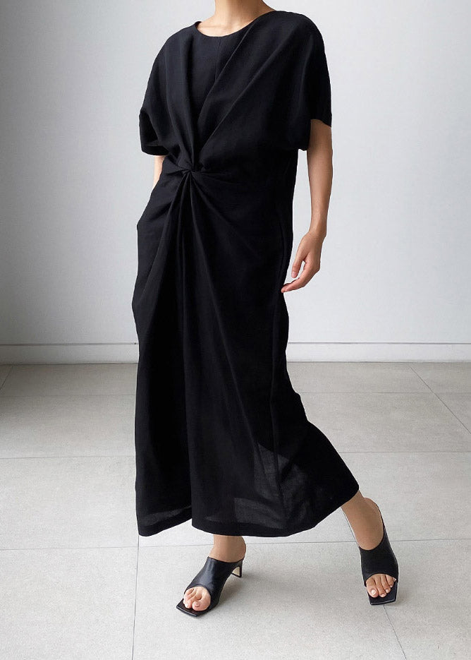 Schwarzes langes Kleid mit O-Ausschnitt und Bowknot und kurzen Ärmeln