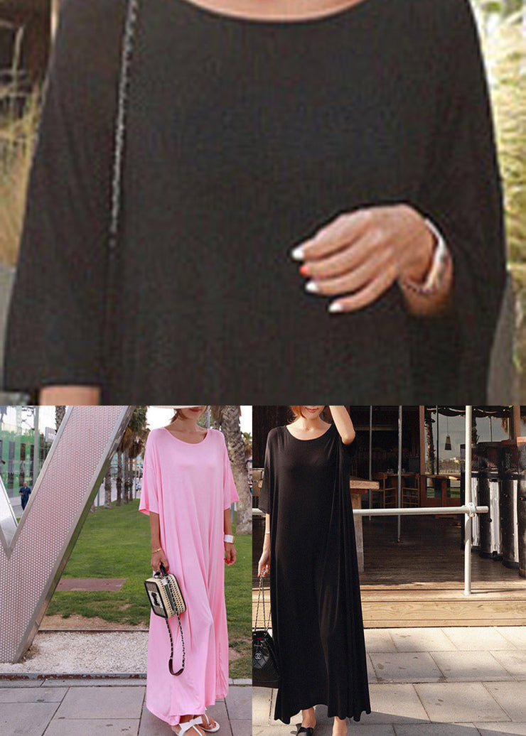 Black O-Neck Cotton Ankle Dress Short Sleeve