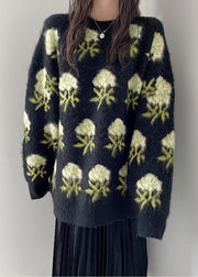 Black O-Neck Cozy Ma Hai Mao Knit Sweaters Long Sleeve