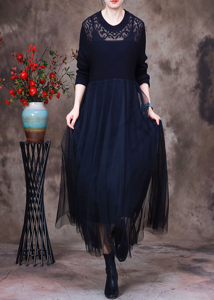 Black O-Neck Hollow Out Knit Dress Long Sleeve