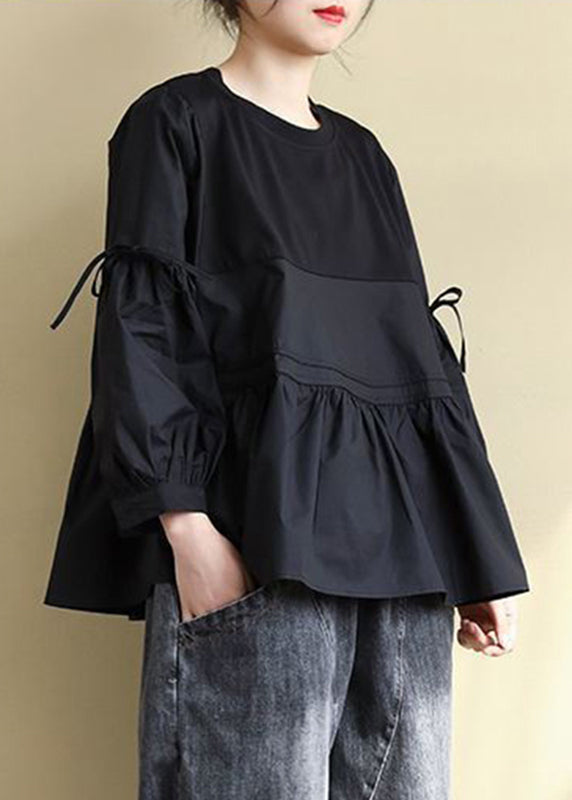 Black O-Neck Low High Design Cotton Tops Long Sleeve