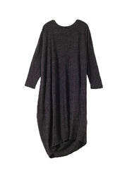 Black O-Neck Low High Design Wool Knit Maxi Sweater Dress Fall