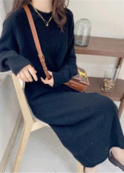 Black O-Neck Maxi Cashmere Knit Dress Long Sleeve