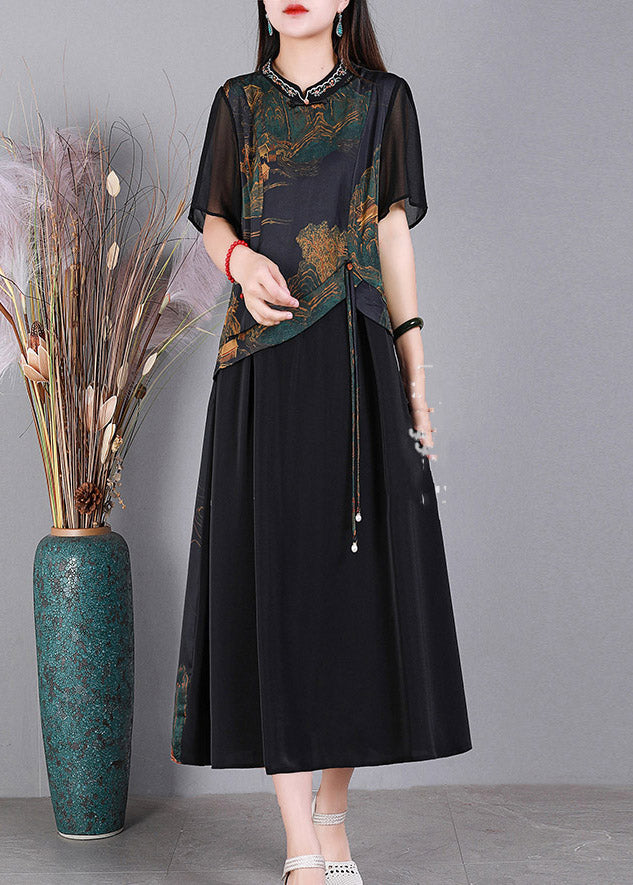 Black O-Neck Print Patchwork Silk Dresses Short Sleeve