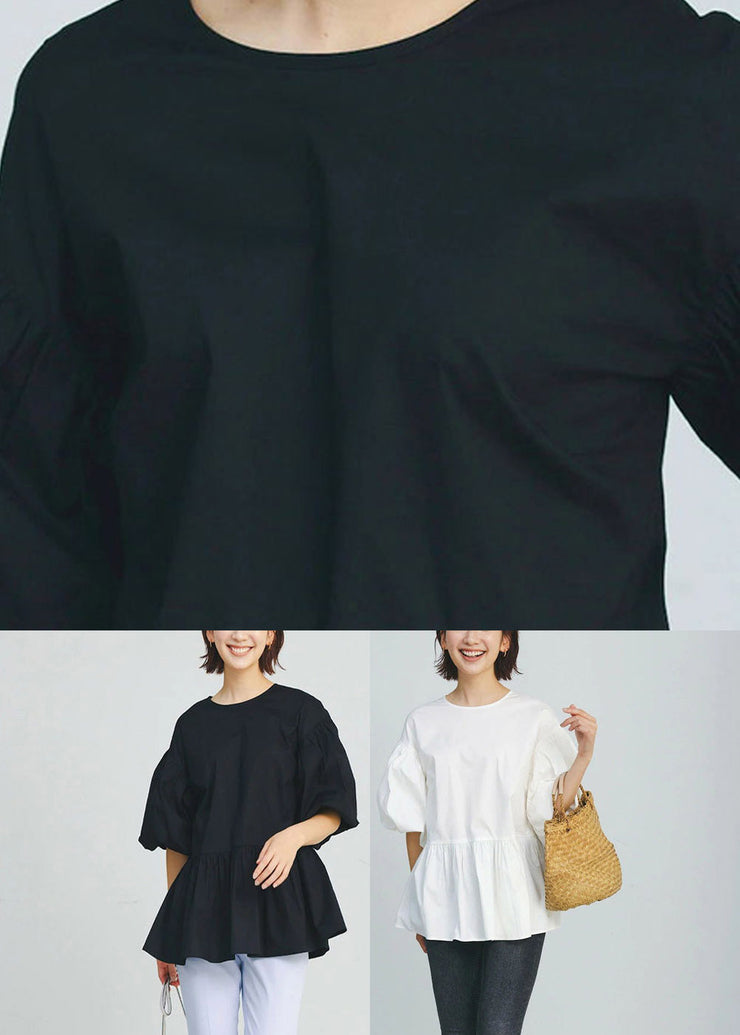 Black O-Neck Wrinkled Cotton Shirt Puff Sleeve