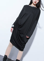 Black O-Neck Wrinkled Long Dresses Long Sleeve