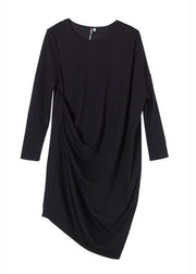 Black O-Neck Wrinkled Long Dresses Long Sleeve