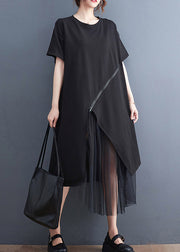 Black O-Neck Zippered Cozy Long Dress Short Sleeve