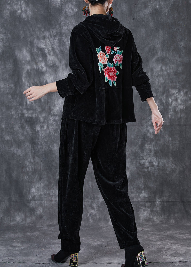 Black Oriental Corduroy Two-Piece Set Embroidered Hooded Spring
