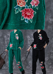 Black Oriental Corduroy Two-Piece Set Embroidered Hooded Spring
