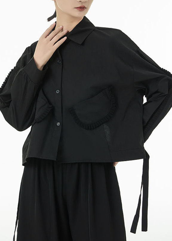 Black Original Design Cotton Shirt Top Peter Pan Collar Pockets Spring
