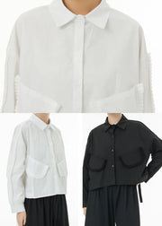 Black Original Design Cotton Shirt Top Peter Pan Collar Pockets Spring