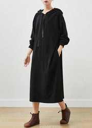 Black Oversized Corduroy Sweatshirt Dress Hooded Spring
