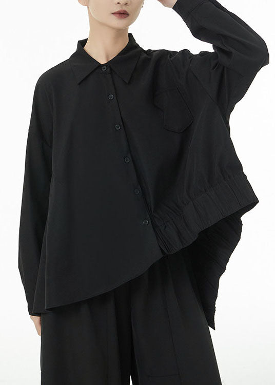 Black Oversized Cotton Blouse Tops Low High Design Batwing Sleeve