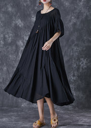 Black Oversized Cotton Dresses Asymmetrical Wrinkled Flare Sleeve