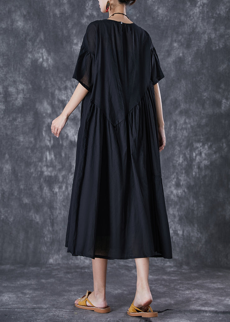 Black Oversized Cotton Dresses Asymmetrical Wrinkled Flare Sleeve