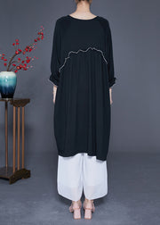 Black Oversized Cotton Long Dress O-Neck Ruffled Summer