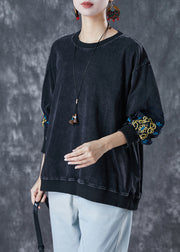 Black Oversized Cotton Pullover Sweatshirt Embroidered Fall