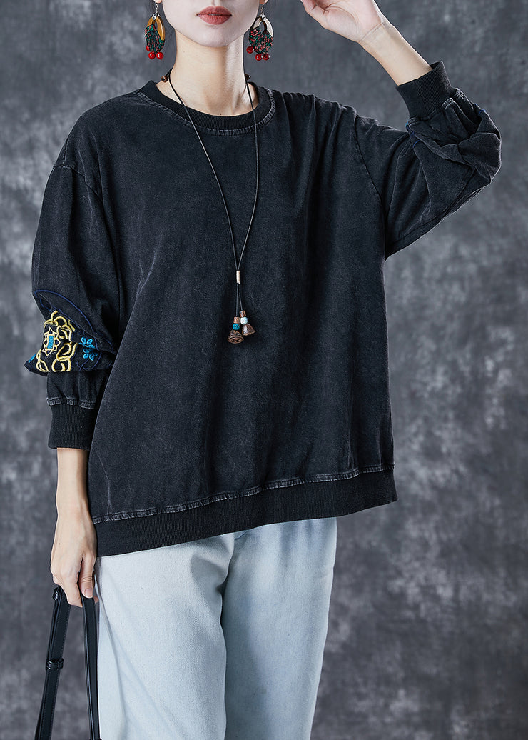 Black Oversized Cotton Pullover Sweatshirt Embroidered Fall