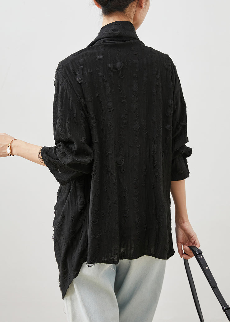 Black Oversized Cotton Ripped Cardigans Asymmetrical Spring