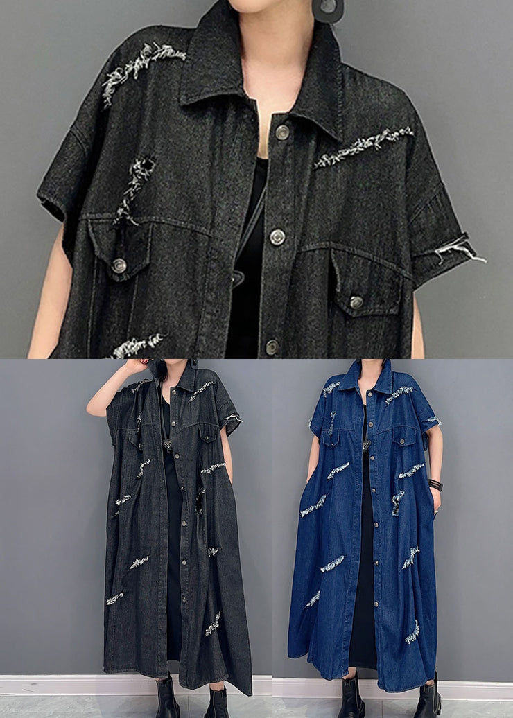 Black Oversized Cotton Ripped Denim Long Shirts Tassel Short Sleeve