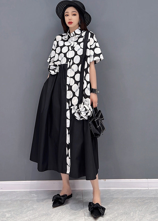 Black Oversized Cotton Shirt Dress Patchwork Wrinkled Dot Print Short Sleeve