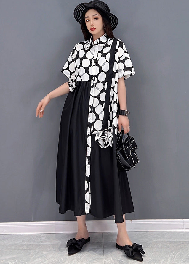Black Oversized Cotton Shirt Dress Patchwork Wrinkled Dot Print Short Sleeve