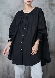 Black Oversized Cotton Shirts O-Neck Lantern Sleeve