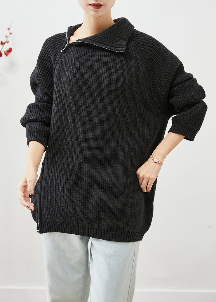 Black Oversized Knit Sweater Tops Zip Up High Neck Winter