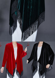 Black Oversized Silk Velour Cardigan Asymmetrical Tasseled Fall