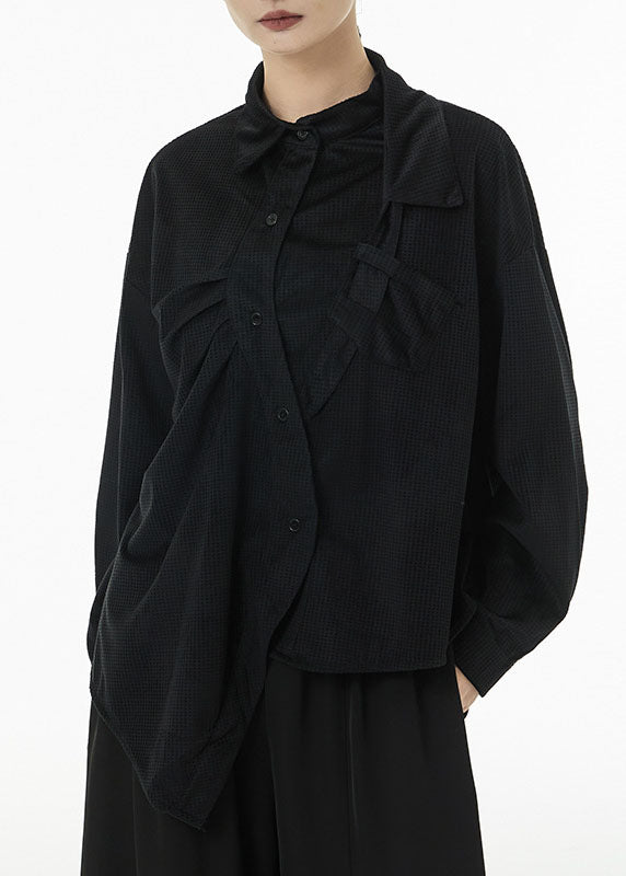 Black Oversized Silk Velour Shirt Top Asymmetrical Design Spring