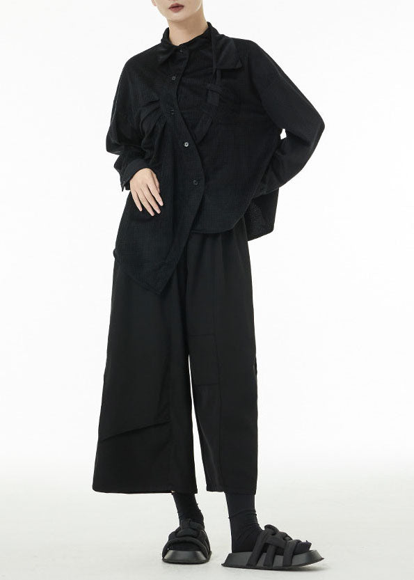 Black Oversized Silk Velour Shirt Top Asymmetrical Design Spring