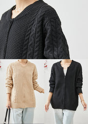 Black Oversized Warm Cable Knit Coats Zip Up Fall