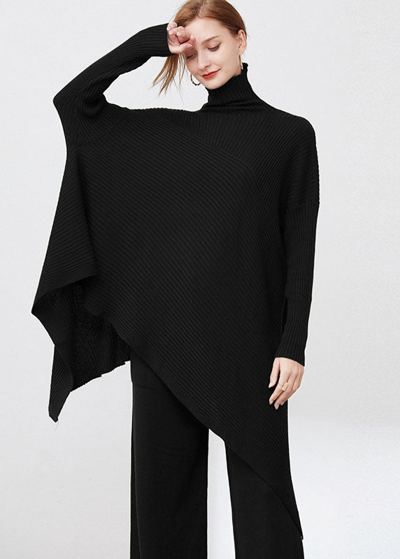 Schwarze, übergroße Wollpullover mit asymmetrischem Design und langen Ärmeln