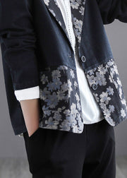 Black Patchwork Button Denim Coat Long Sleeve